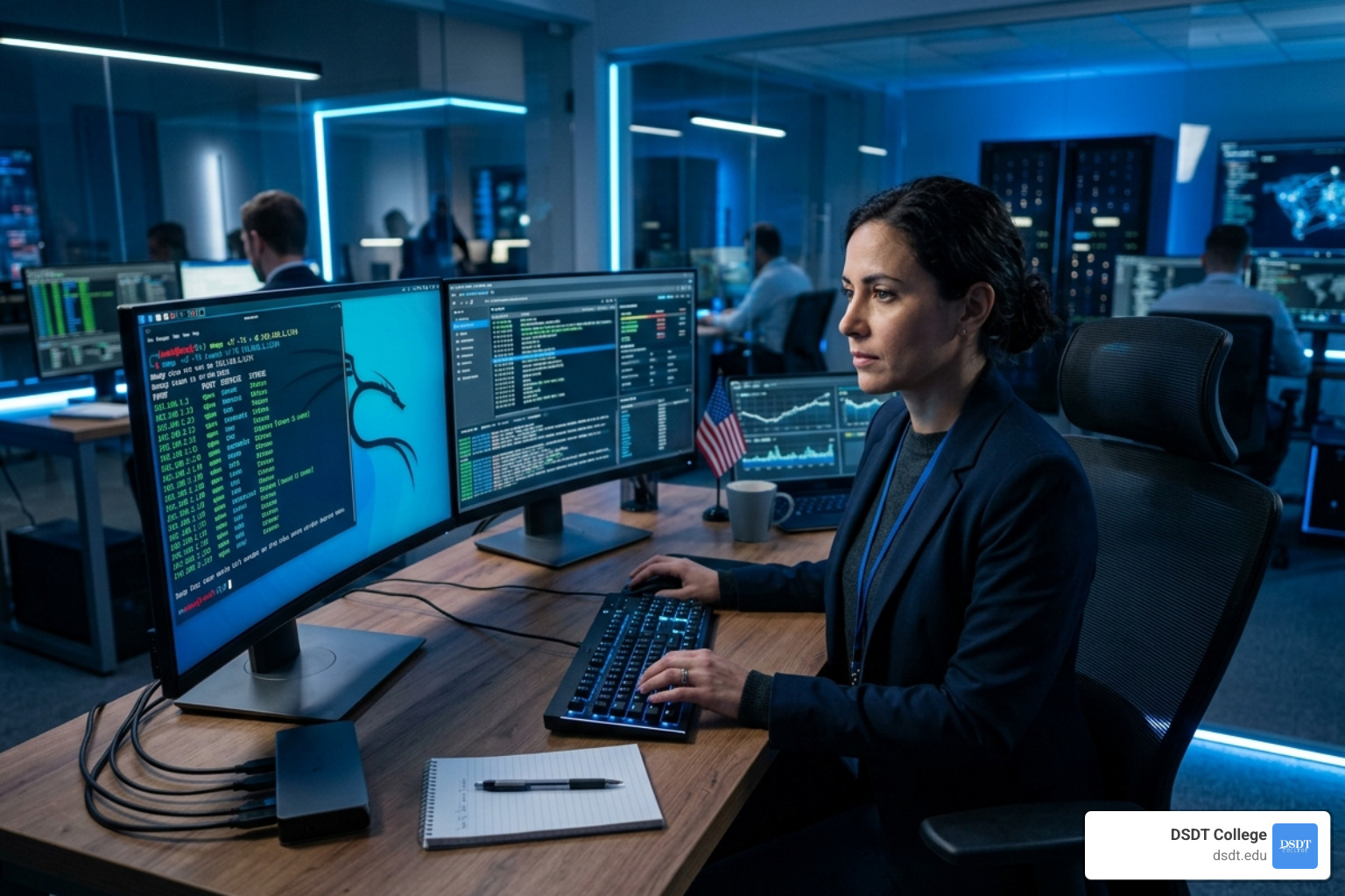Cybersecurity professional using a Kali Linux terminal to run Nmap scans - free pentesting course