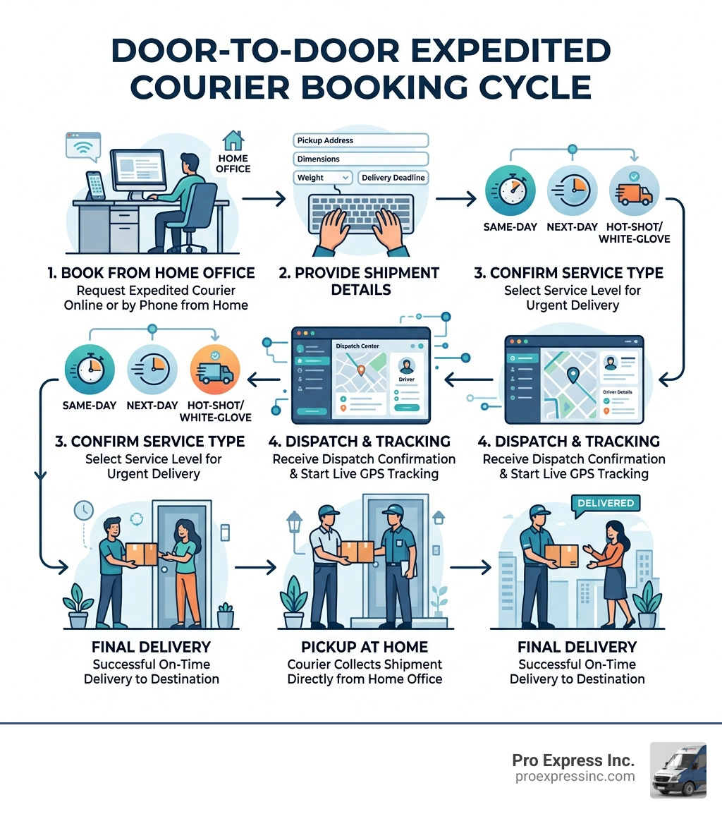 Infographic showing the door-to-door expedited courier booking cycle from home office to final delivery - courier from home