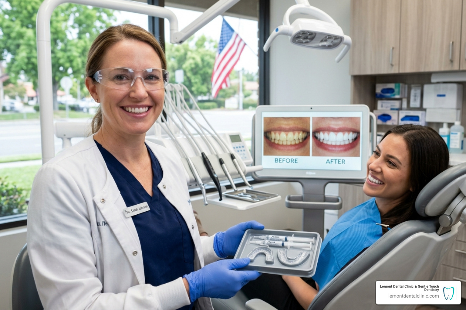 Dentist showing superior whitening results with professional-grade gel - get teeth whitened near me