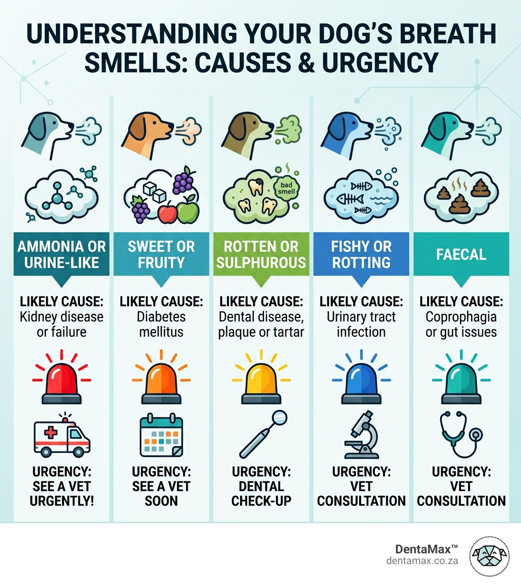 Infographic showing different dog breath smells, their causes and urgency levels - ammonia smell from dog mouth infographic 