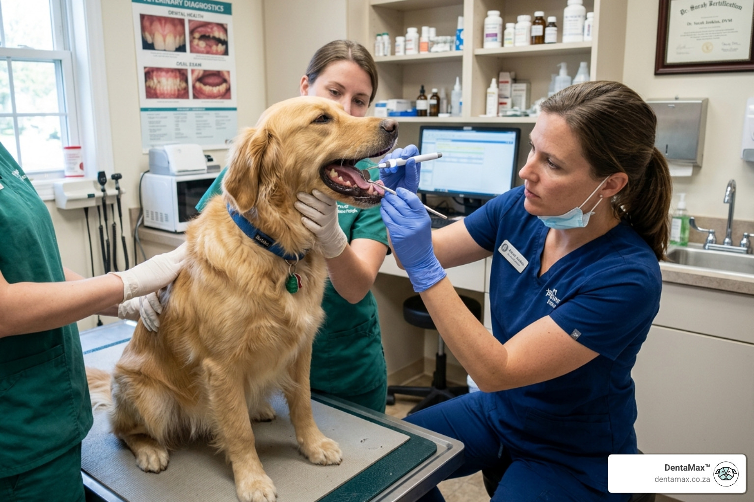 Veterinarian examining a dog's mouth for signs of systemic disease - ammonia smell from dog mouth
