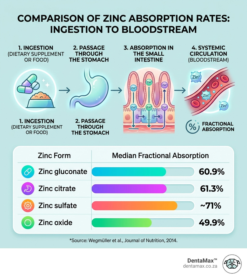 Zinc absorption rate comparison infographic from ingestion through small intestine to bloodstream - zinc gluconate
