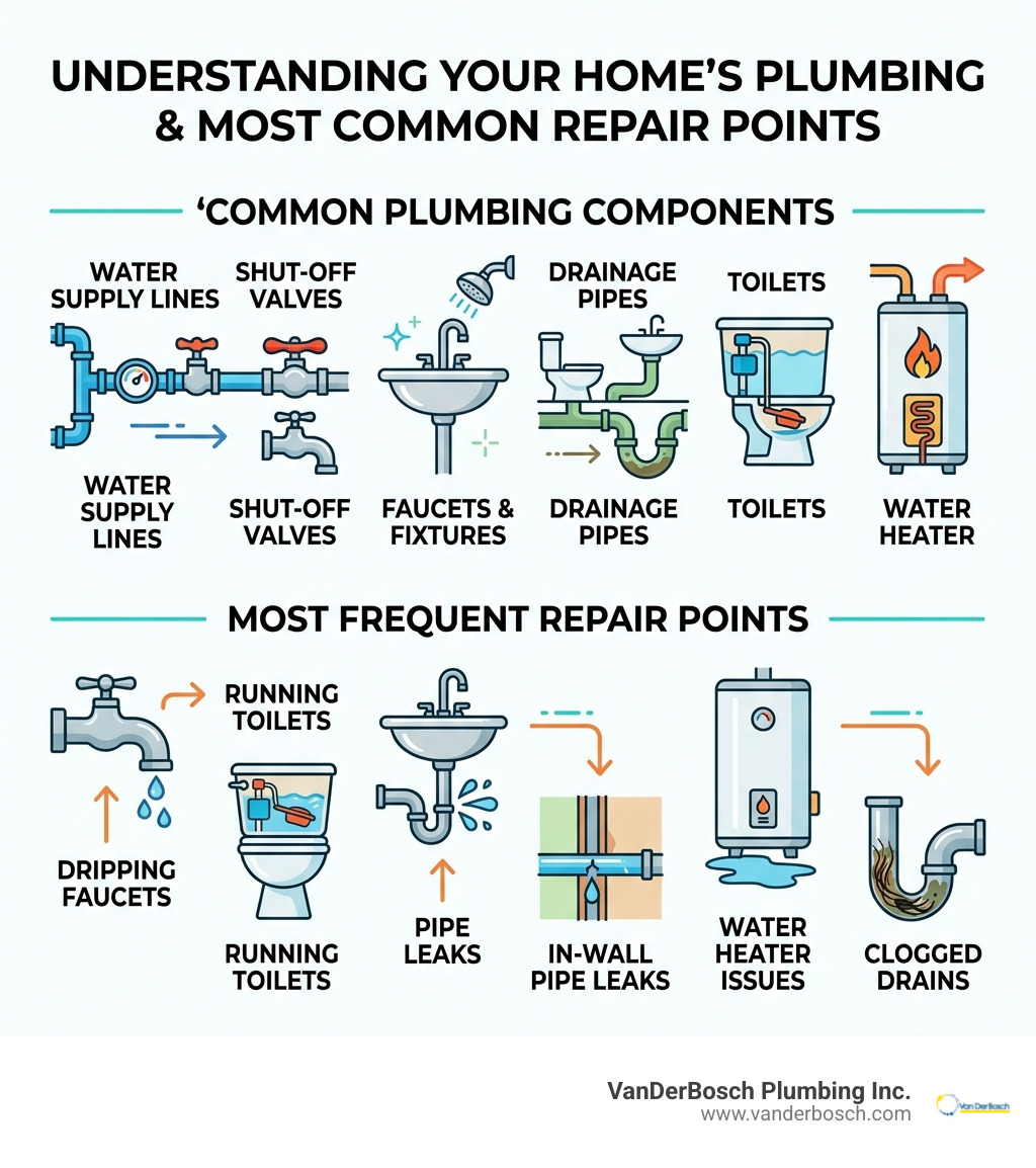 Common residential plumbing system components and most frequent repair points infographic - plumbing repairs infographic 