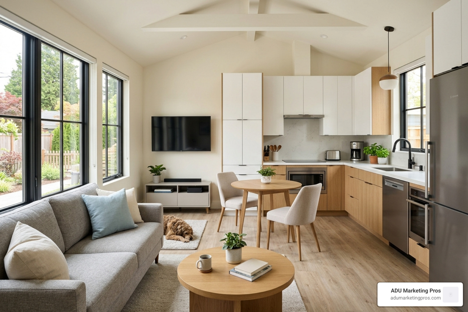 Interior of a 600 sq ft granny flat showing a smart open-plan kitchen and living area - Granny flat for rent Interior of a 600 sq ft granny flat showing a smart open-plan kitchen and living area - Granny flat for rent