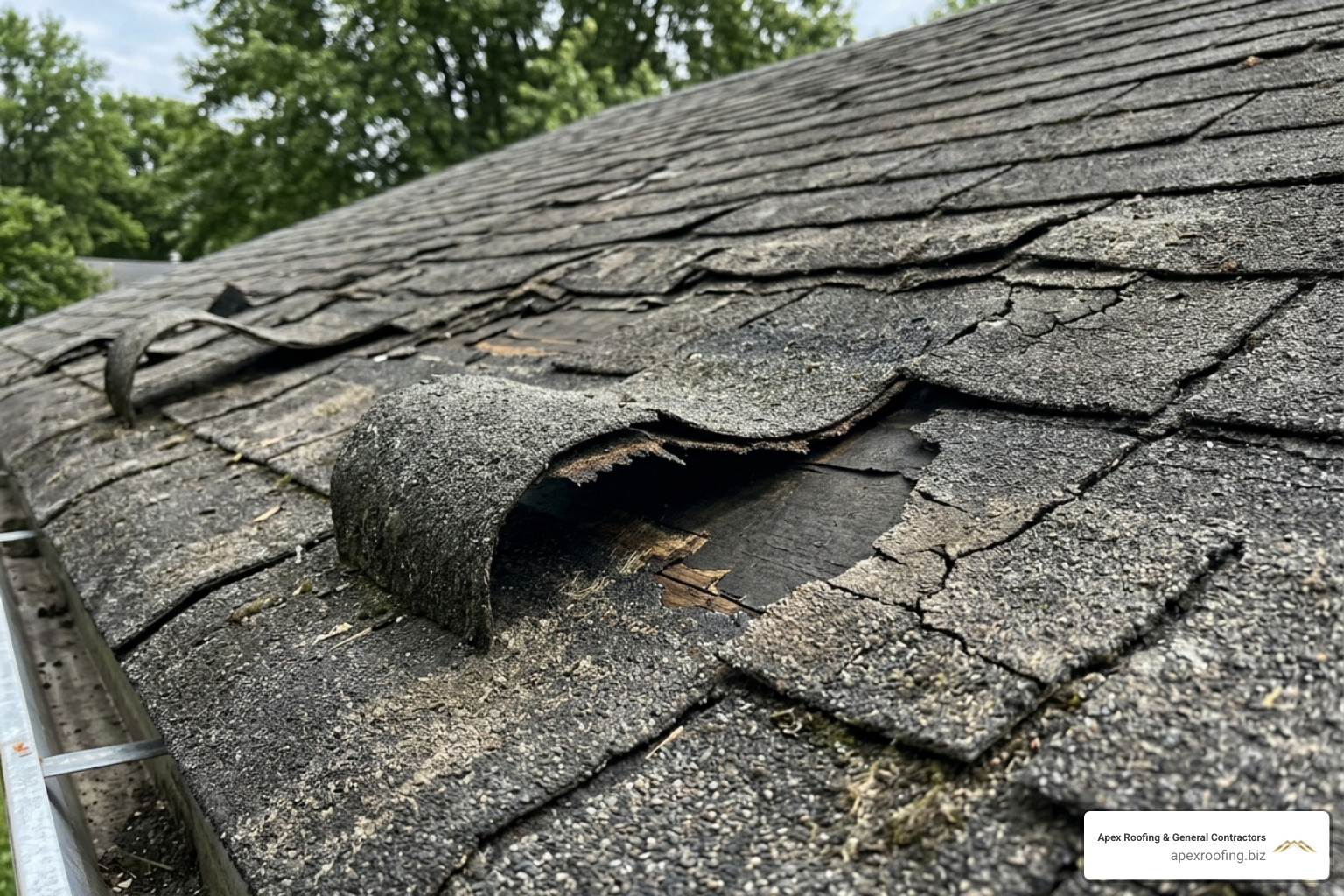 Close-up of curling and cracked asphalt shingles showing signs of advanced weather wear - Experienced roofing contractor