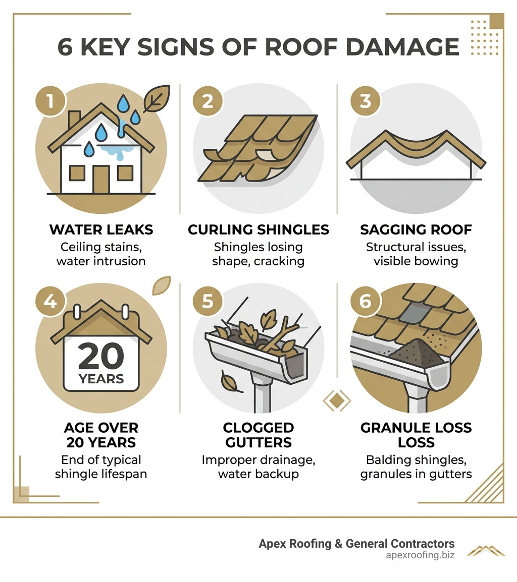 Infographic showing 6 key signs of roof damage: water leaks, curling shingles, sagging, age over 20 years, clogged gutters