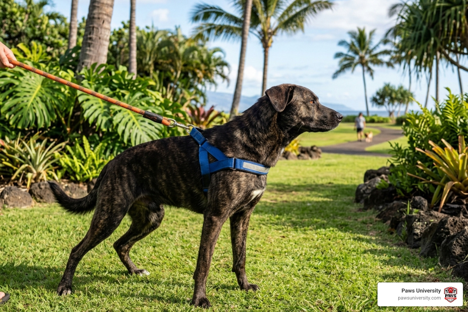 A dog tensing up and staring intensely at a trigger in a sunny tropical setting - leash reactivity in dogs A dog tensing up and staring intensely at a trigger in a sunny tropical setting - leash reactivity in dogs
