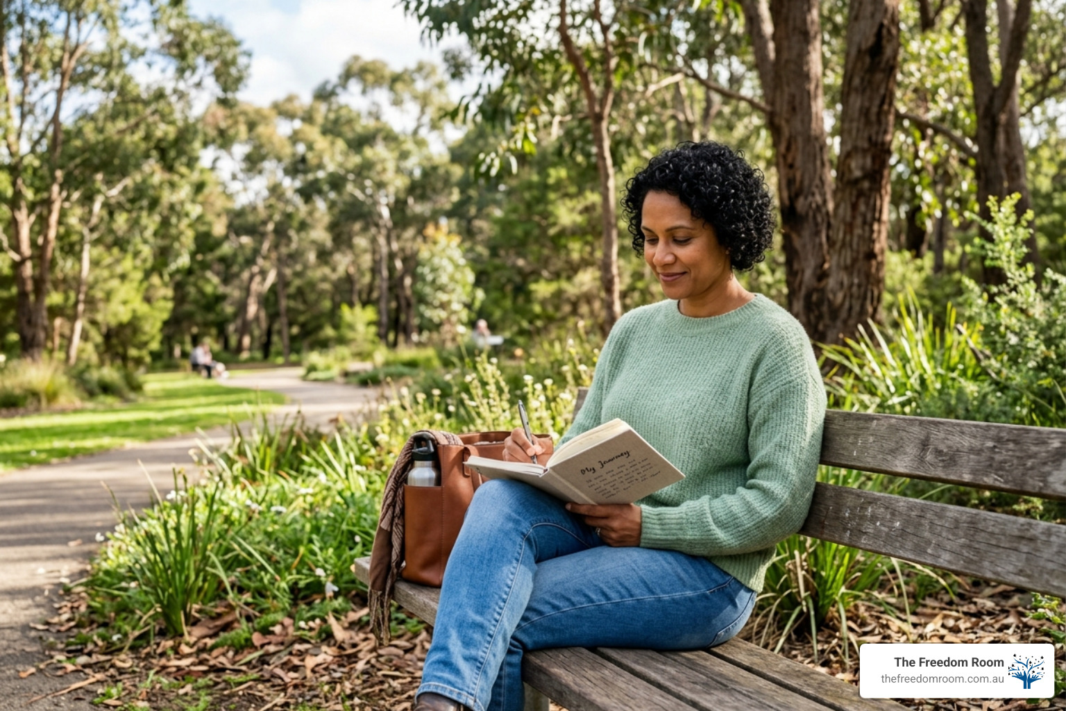 A woman practicing self-reflection outdoors, a key component of the surrender and acceptance phases in 12 step facilitation therapy.