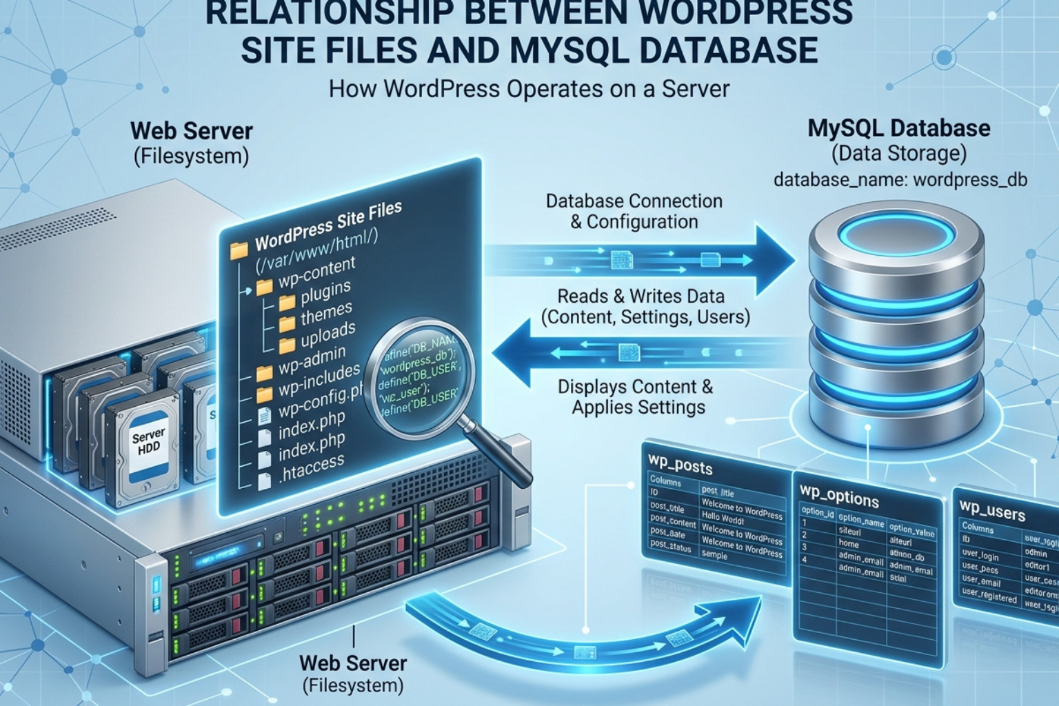 The relationship between WordPress files and the MySQL database architecture - wordpress backup and restore to new server The relationship between WordPress files and the MySQL database architecture - wordpress backup and restore to new server