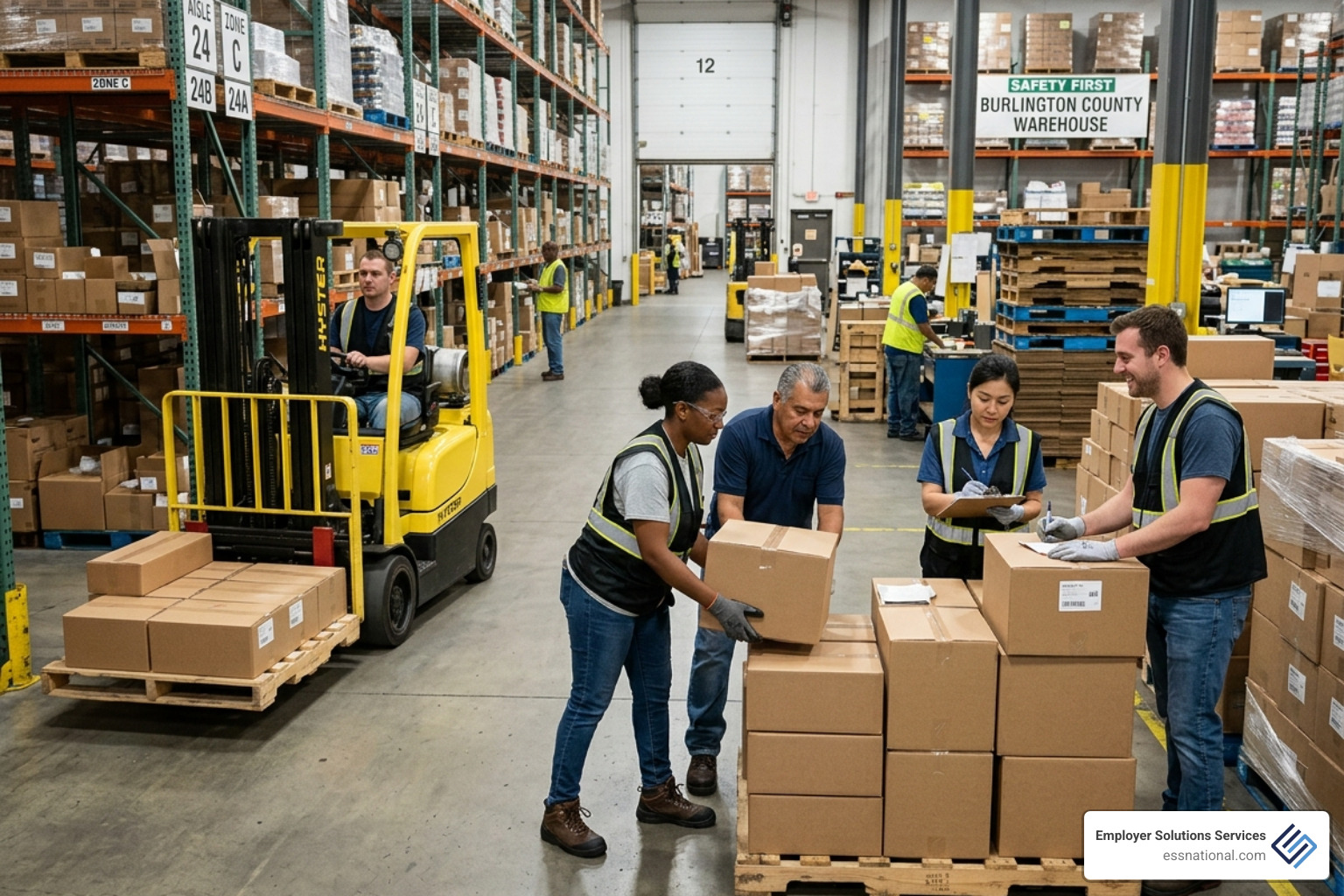 Diverse team working together in a Burlington County warehouse - staffing agency willingboro nj