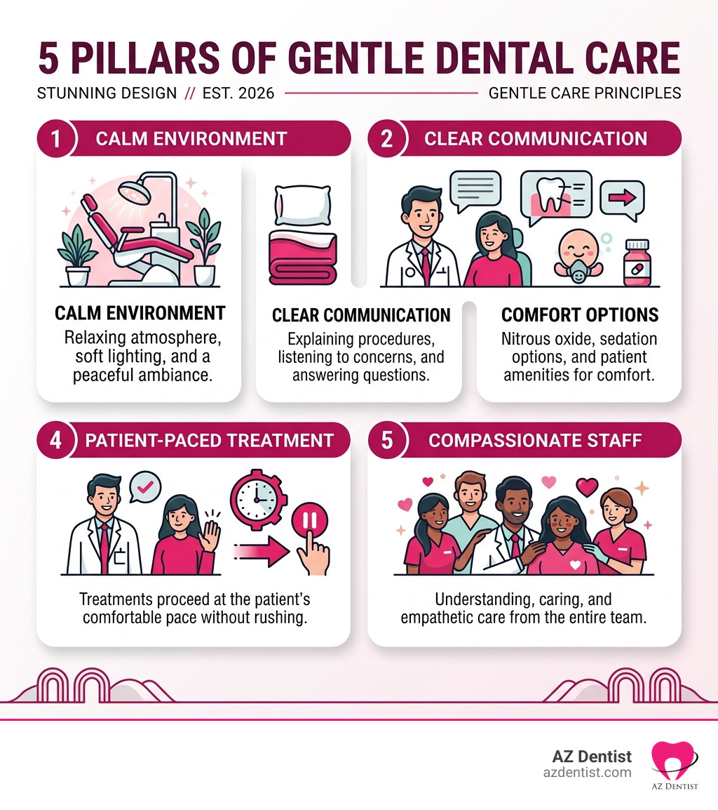 Infographic showing the 5 pillars of gentle dental care: calm environment, clear communication, comfort options Infographic showing the 5 pillars of gentle dental care: calm environment, clear communication, comfort options