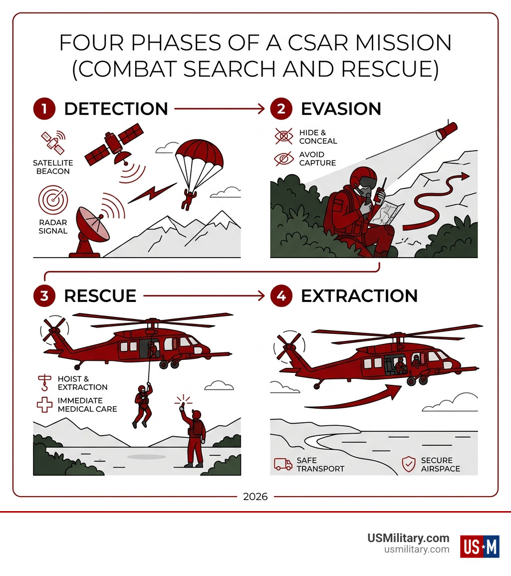 Infographic showing the four phases of a Combat Search and Rescue CSAR mission: detection, evasion, rescue, and extraction Infographic showing the four phases of a Combat Search and Rescue CSAR mission: detection, evasion, rescue, and extraction