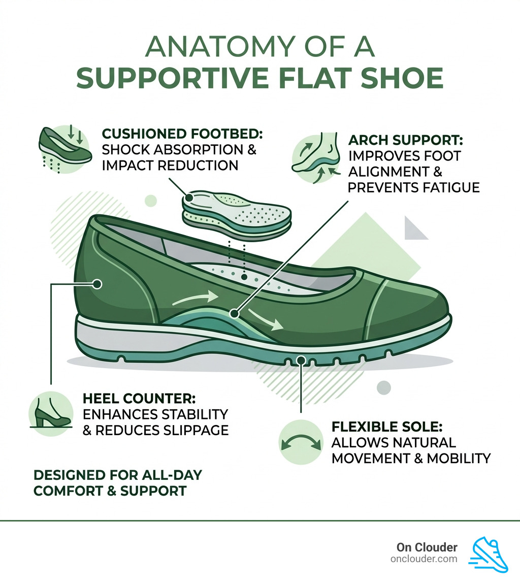 Anatomy of a supportive flat shoe showing arch support, cushioned footbed, heel counter, and flexible sole - best flats for
