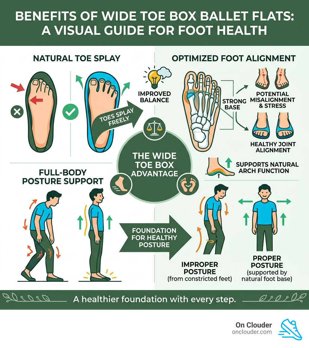 infographic showing wide toe box benefits for foot alignment posture and toe splay - ballet flats with wide toe box