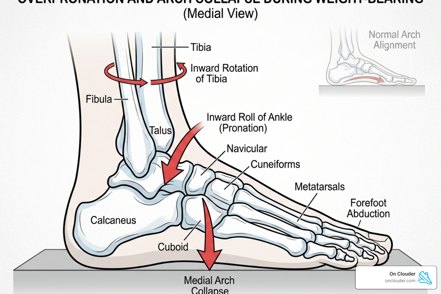 Illustration of inward ankle rolling and overpronation caused by fallen arches - arch support inserts flat feet