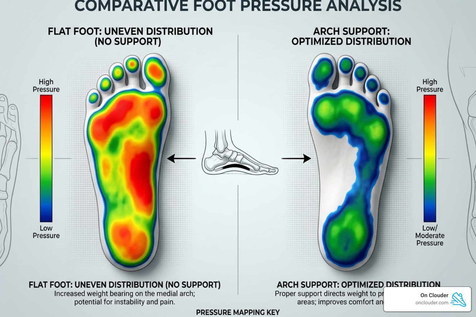 Pressure mapping on a footbed showing weight distribution with and without arch support - arch support inserts flat feet