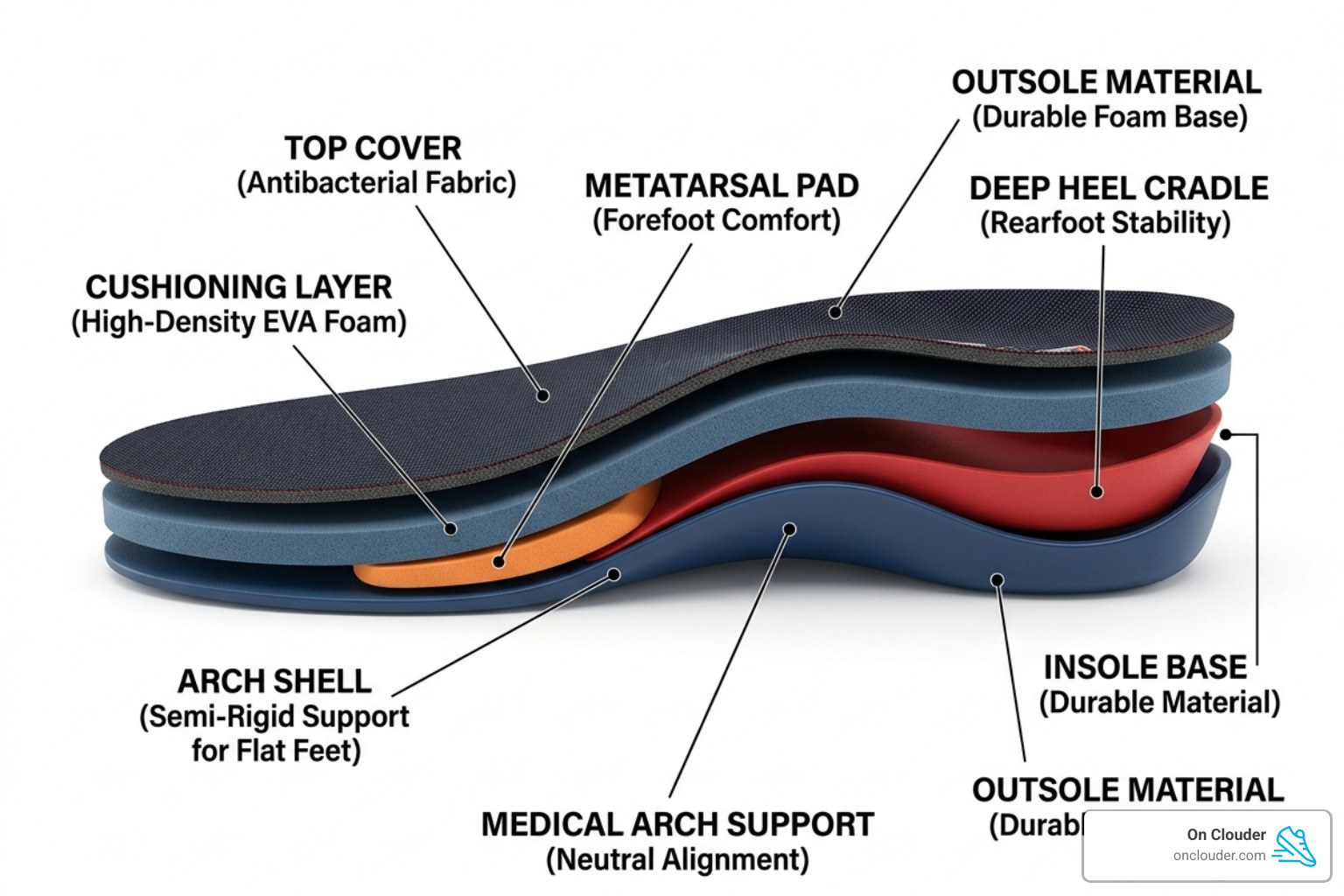 Detailed diagram showing insole components: heel cradle, arch shell, and cushioning layers - arch support inserts flat feet