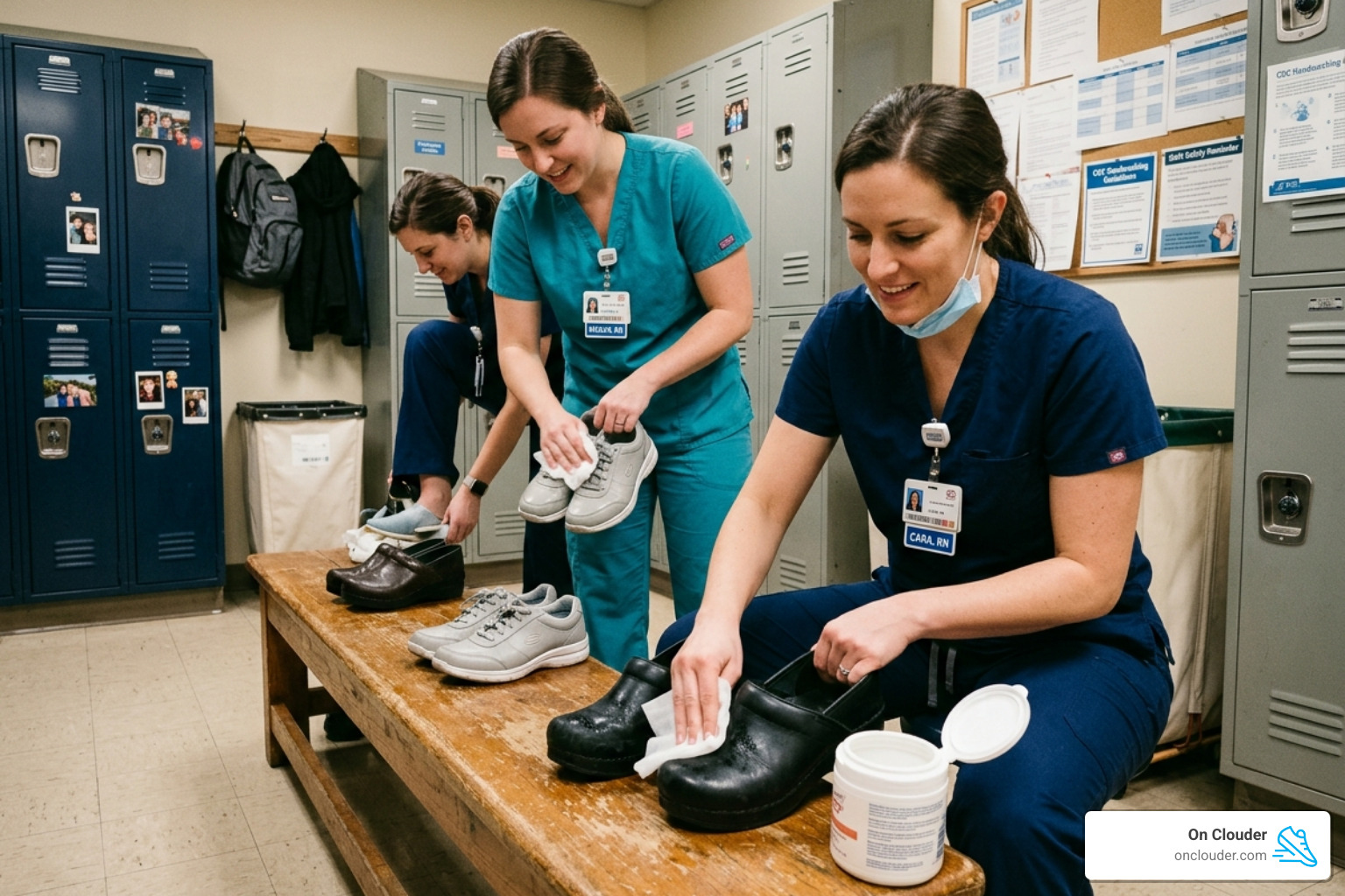 Nurses cleaning stain-resistant leather shoes after a shift - comfortable shoes for nursing work Nurses cleaning stain-resistant leather shoes after a shift - comfortable shoes for nursing work