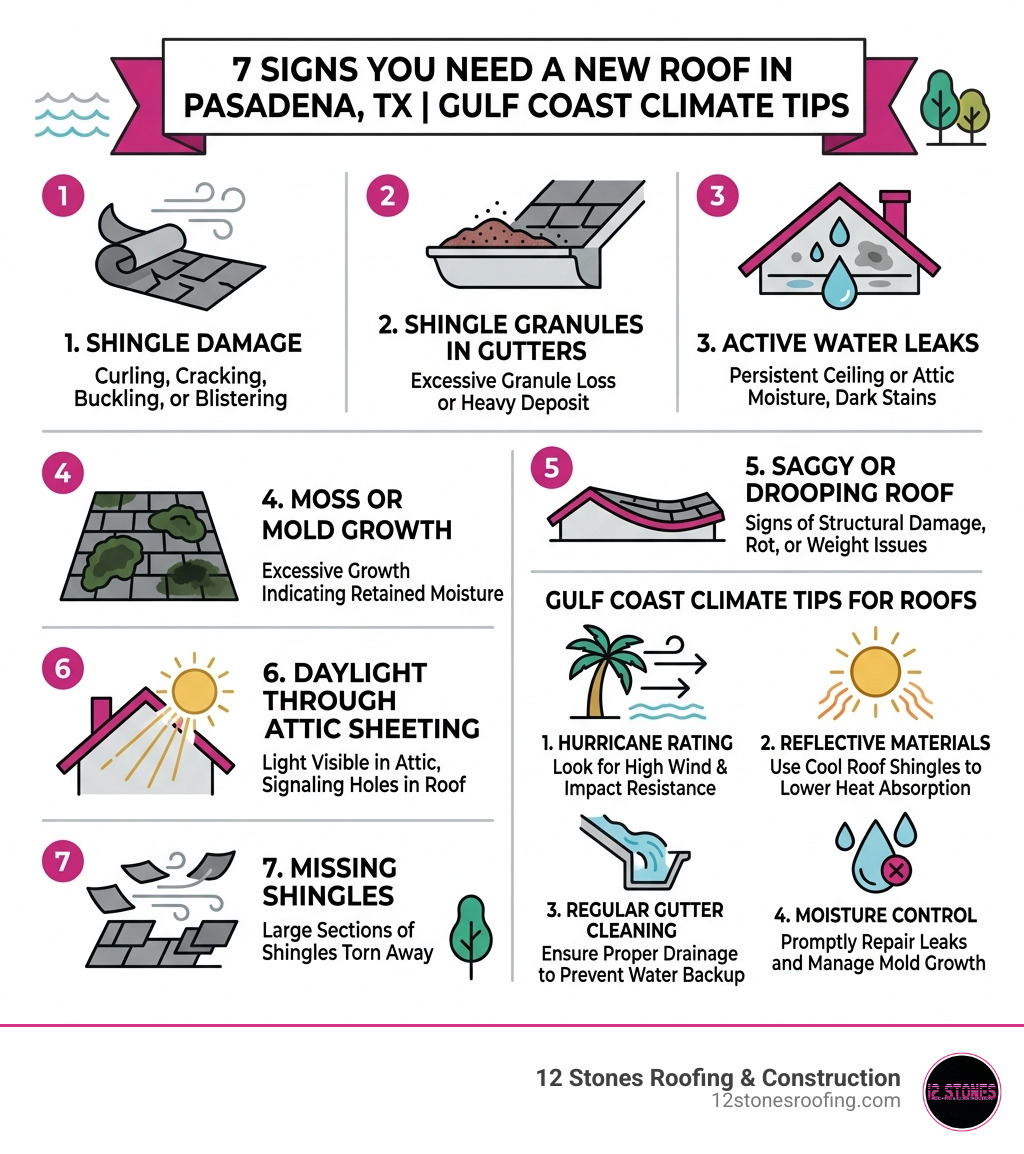 Infographic showing 7 signs you need a new roof in Pasadena TX with Gulf Coast climate tips - best roofing contractor
