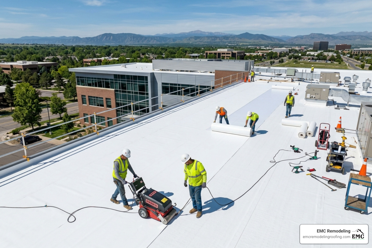 installation of a white TPO membrane on a large office building roof - office building roof