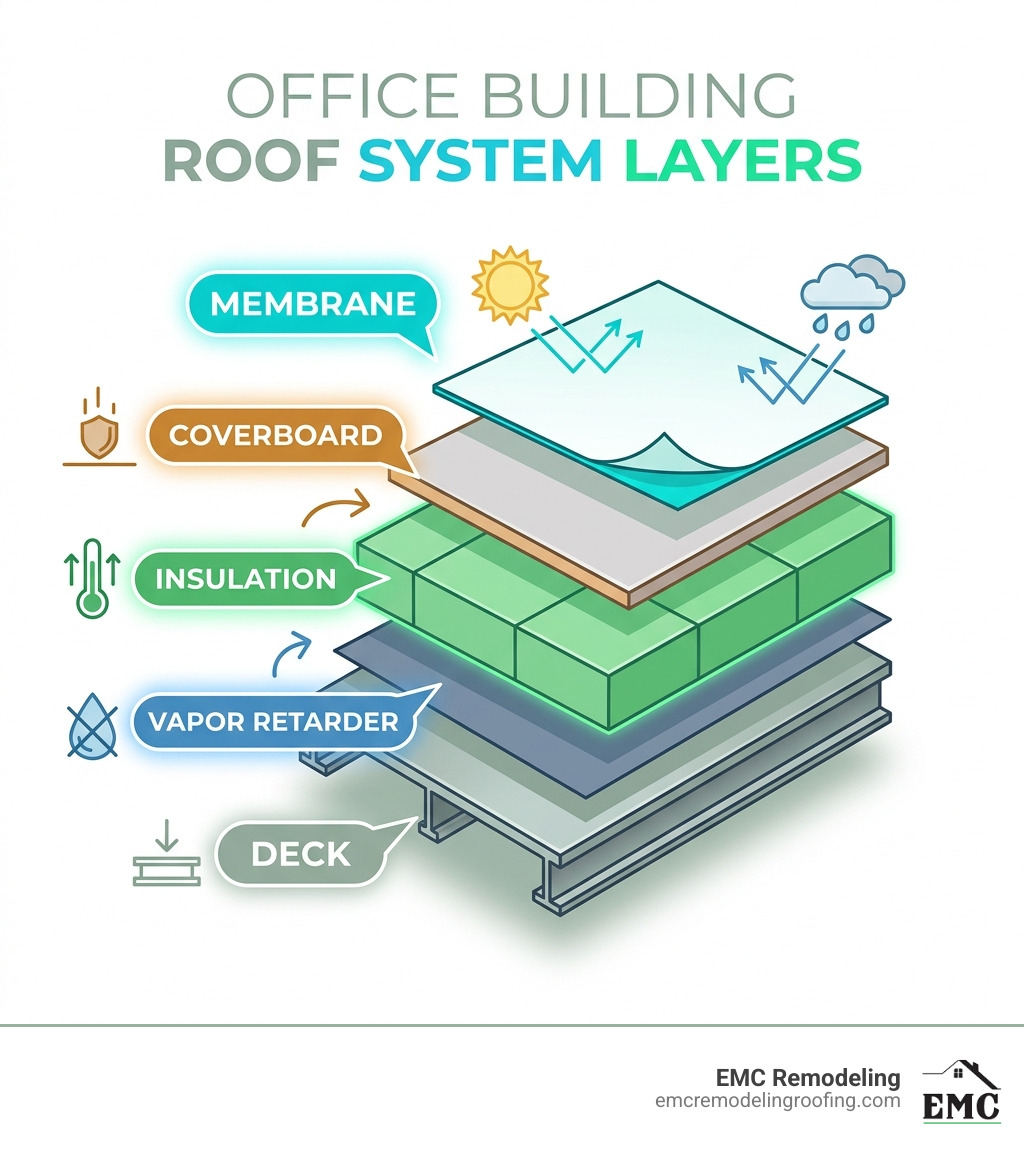 Infographic showing commercial roof system layers including deck, vapor retarder, insulation, coverboard, and membrane