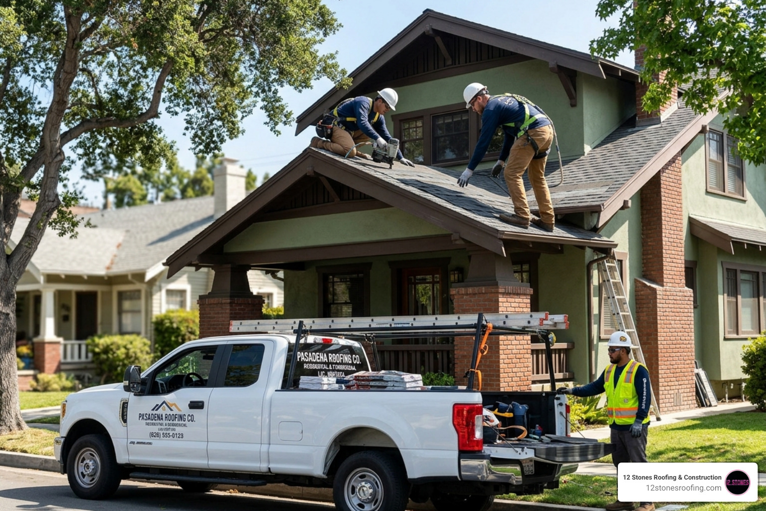 A professional roofing crew wearing safety gear and installing shingles on a Pasadena home - best roofing contractor pasadena