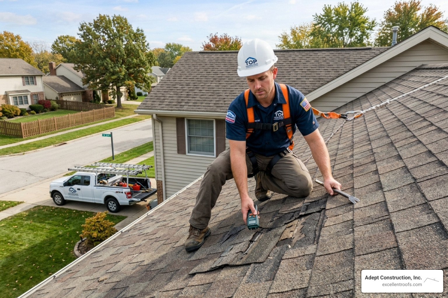 Certified roofing contractor inspecting shingles for damage - downers grove il roofing company