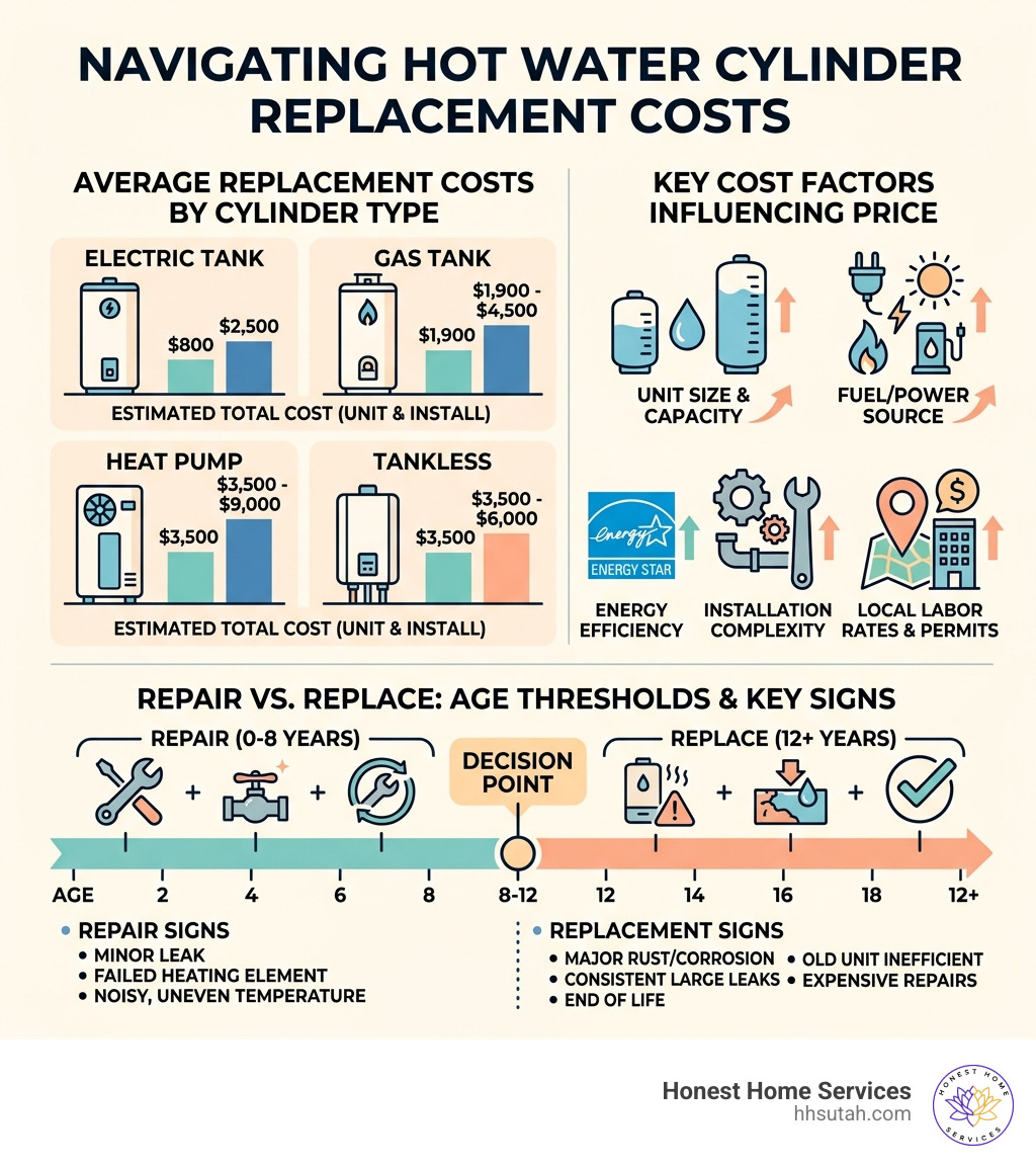 Infographic showing average hot water cylinder replacement costs by type, key cost factors, and repair vs. replace age Infographic showing average hot water cylinder replacement costs by type, key cost factors, and repair vs. replace age