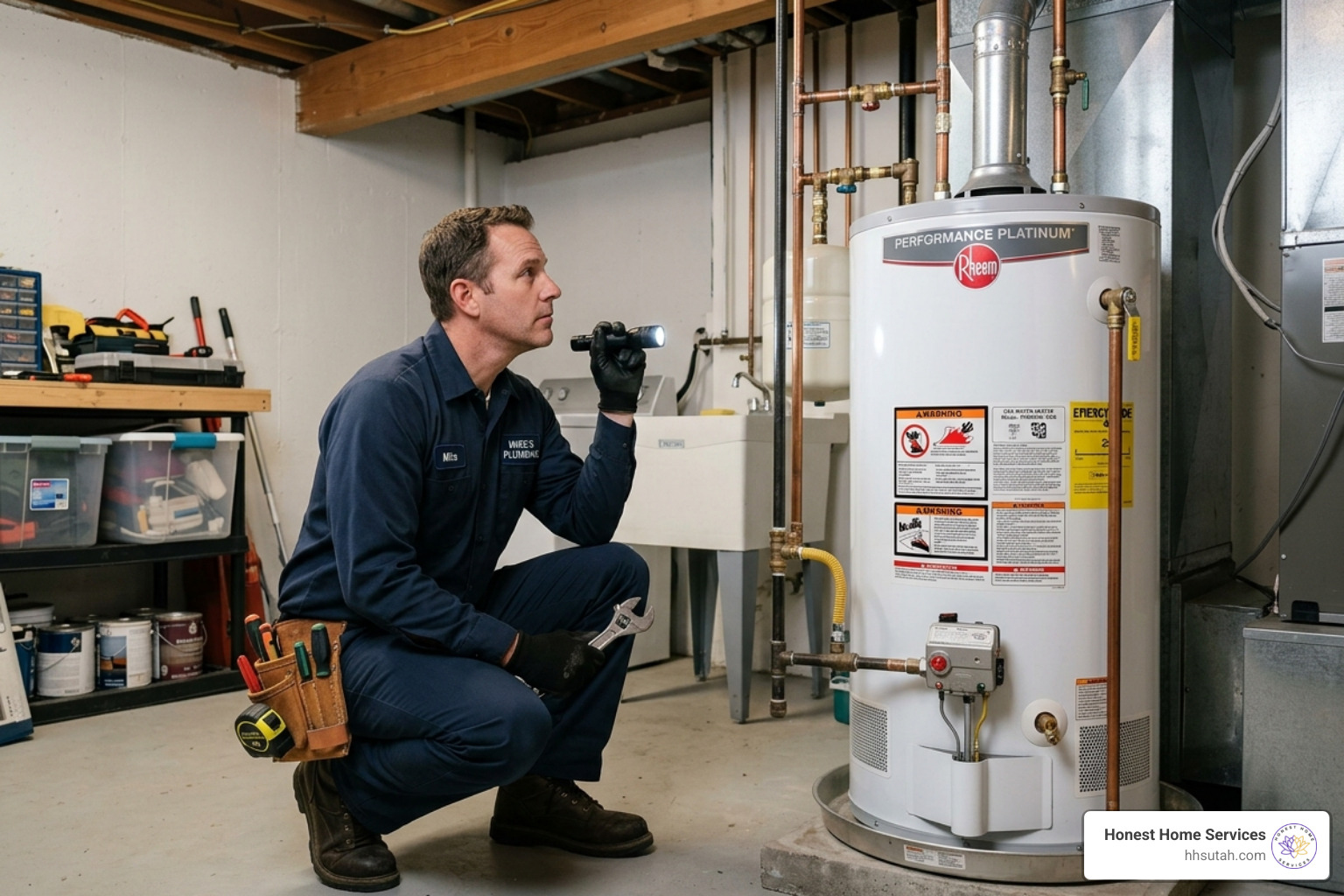 Professional plumber inspecting a 50-gallon water heater in a residential basement - hot water cylinder replacement cost Professional plumber inspecting a 50-gallon water heater in a residential basement - hot water cylinder replacement cost