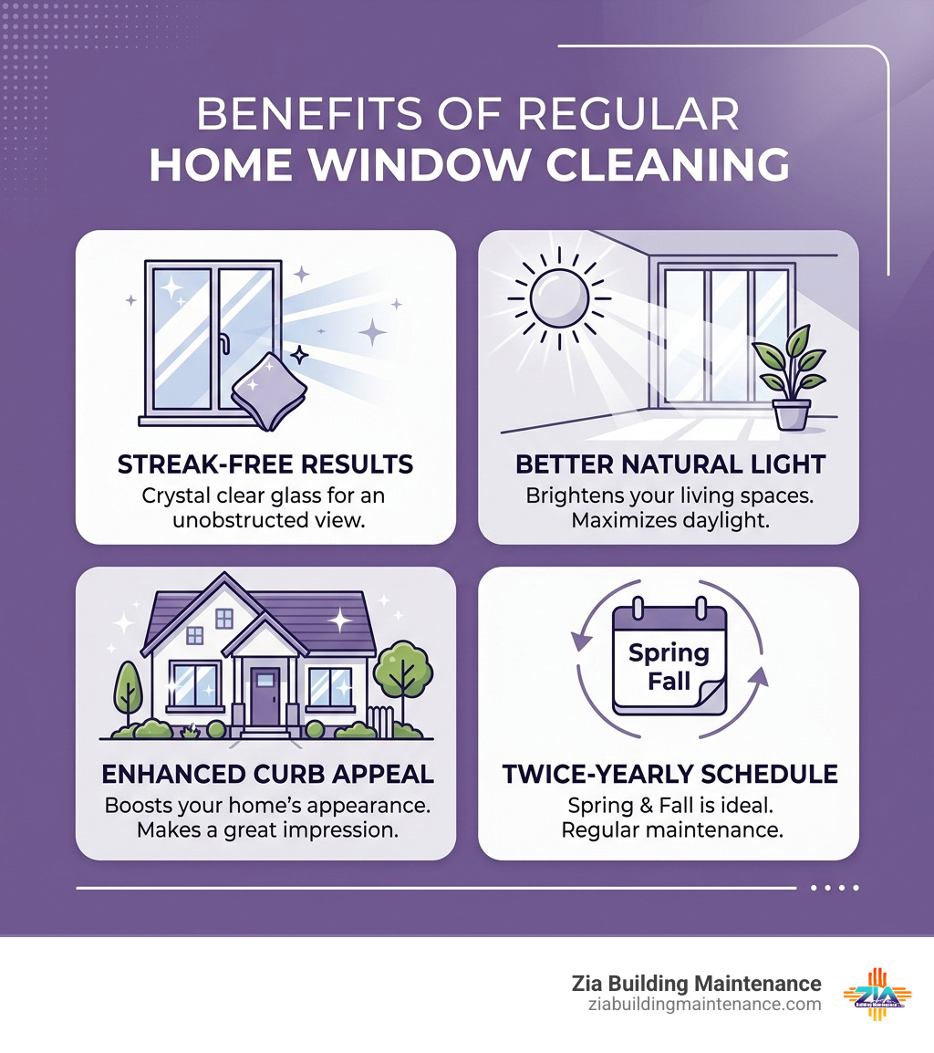 Infographic showing benefits of regular home window cleaning: streak-free results, better light, curb appeal, and Infographic showing benefits of regular home window cleaning: streak-free results, better light, curb appeal, and