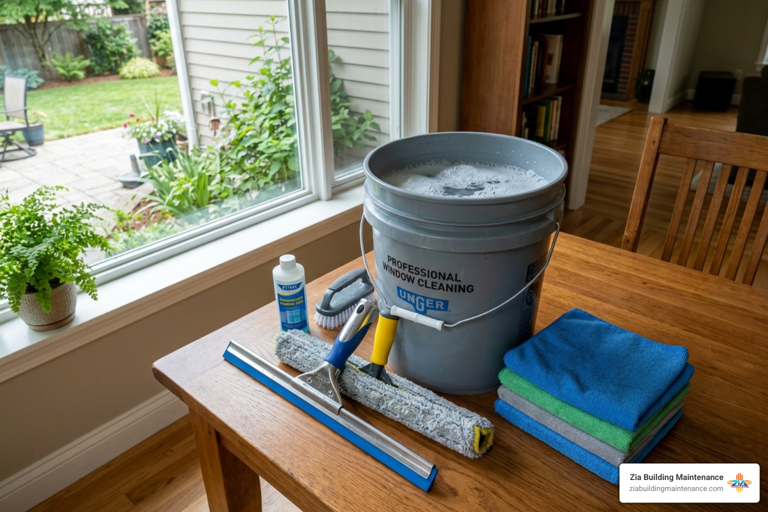 Professional window cleaning tools including a squeegee, microfiber cloth, and bucket - home window cleaning Professional window cleaning tools including a squeegee, microfiber cloth, and bucket - home window cleaning