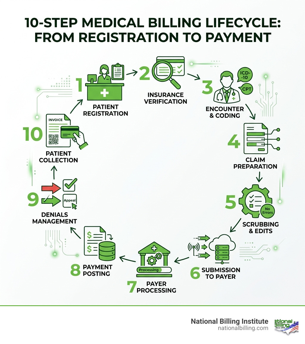 10-step medical billing lifecycle from patient registration to payment collection - medical billing infographic 10-step medical billing lifecycle from patient registration to payment collection - medical billing infographic