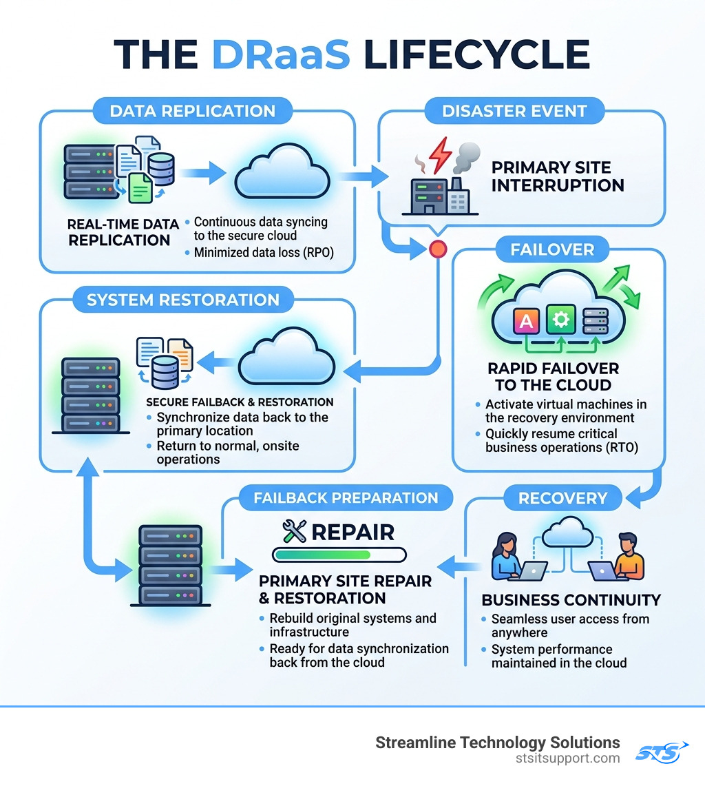 DRaaS lifecycle infographic from data replication through failover to failback and system restoration - disaster recovery as