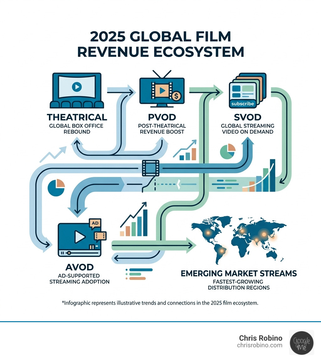 2025 film revenue ecosystem infographic showing theatrical, PVOD, SVOD, AVOD, and emerging market streams - global film