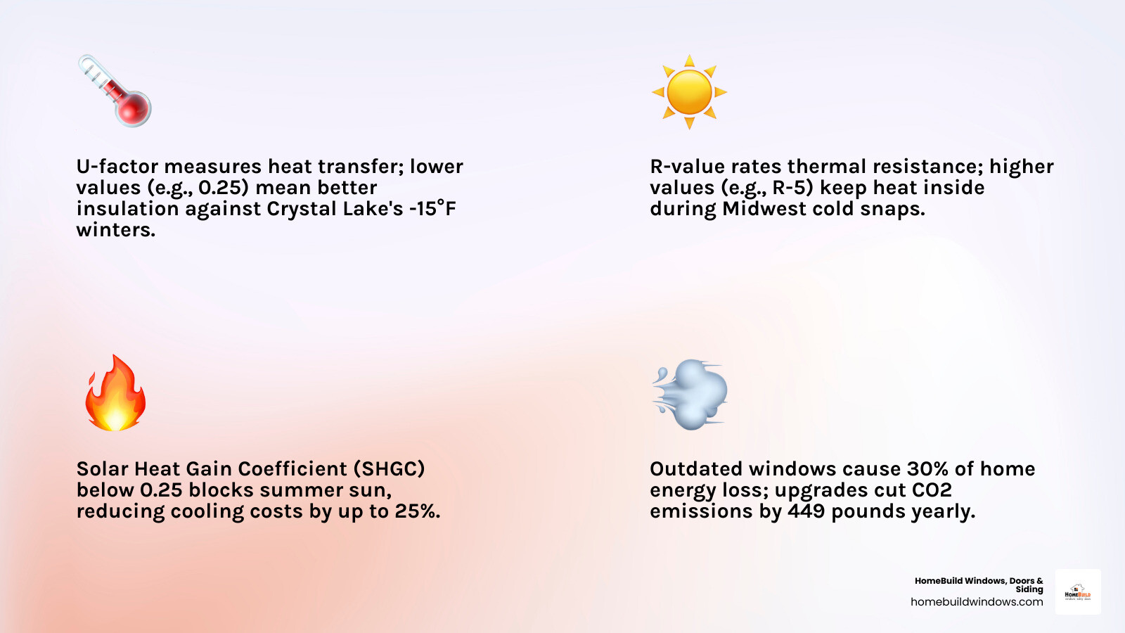 Infographic explaining U-factor, R-value, and Solar Heat Gain Coefficient - new windows Crystal Lake infographic