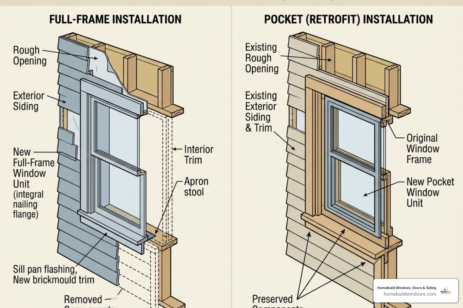 Illustration showing the difference between full-frame and pocket window installation - new windows Crystal Lake