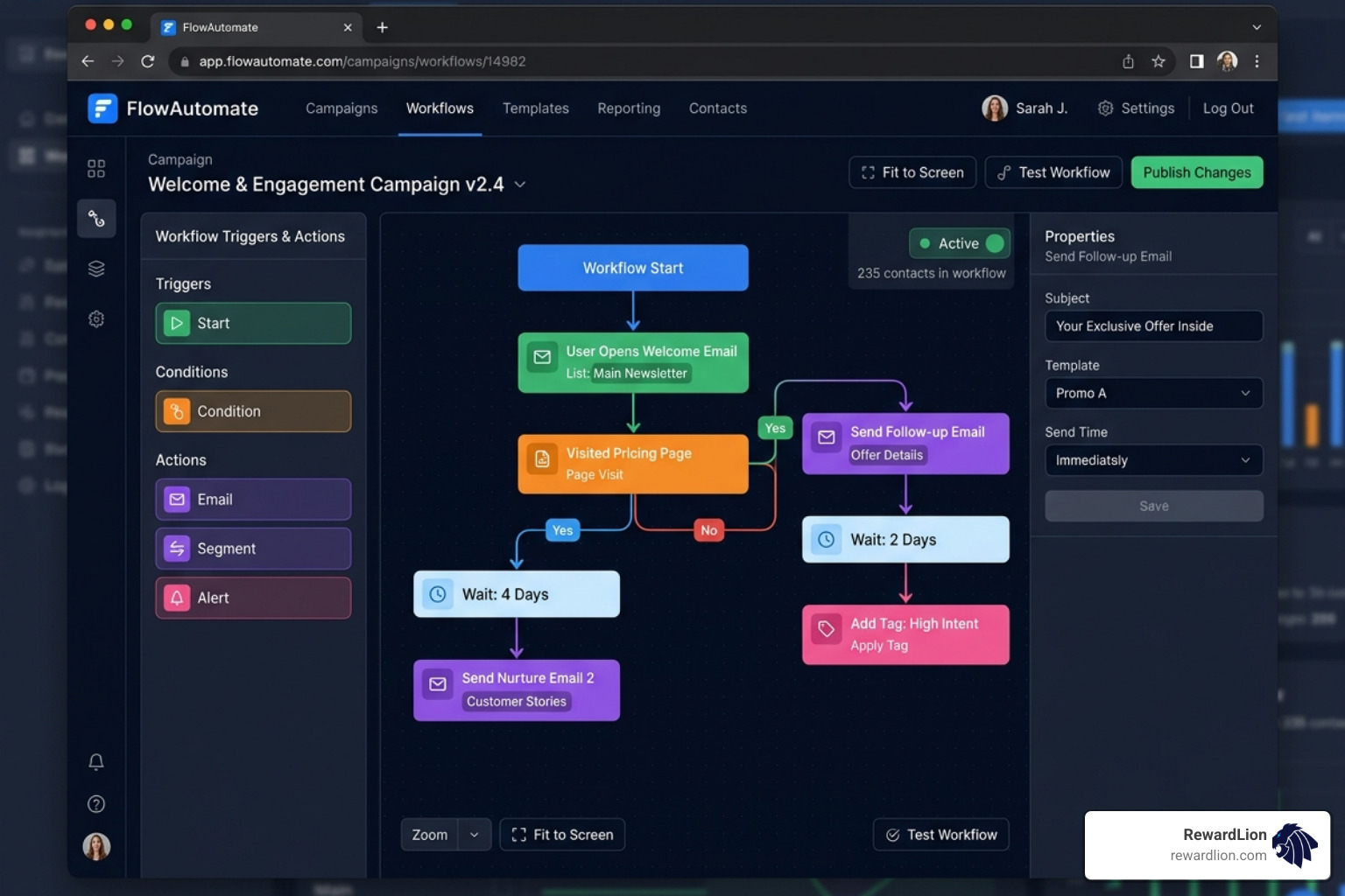 Drag-and-drop workflow builder interface showing behavioral triggers - digital marketing automation software