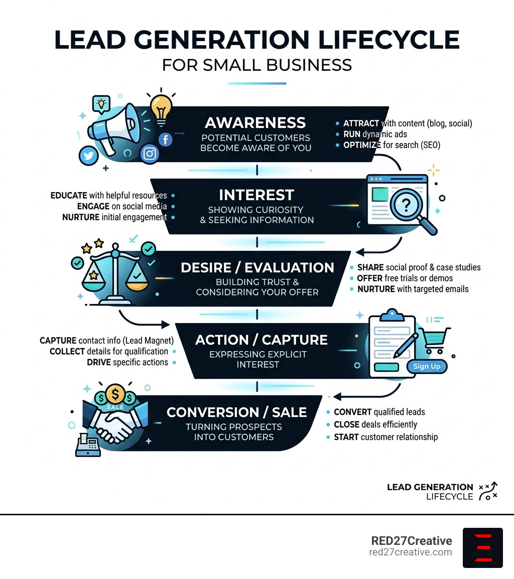 Lead generation lifecycle infographic showing stages from awareness to conversion for small businesses - Lead generation for Lead generation lifecycle infographic showing stages from awareness to conversion for small businesses - Lead generation for