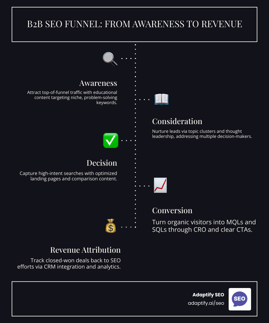 B2B SEO funnel showing stages from awareness to revenue attribution with key metrics - b2b seo services infographic