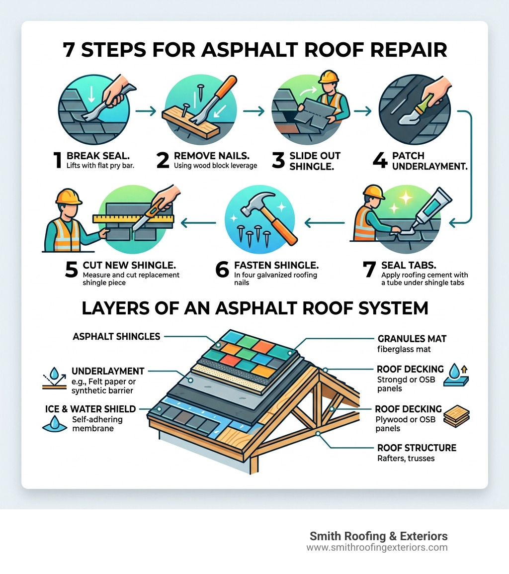 7-step asphalt roof repair process with layers of an asphalt roof system explained - asphalt roof repair infographic 7-step asphalt roof repair process with layers of an asphalt roof system explained - asphalt roof repair infographic
