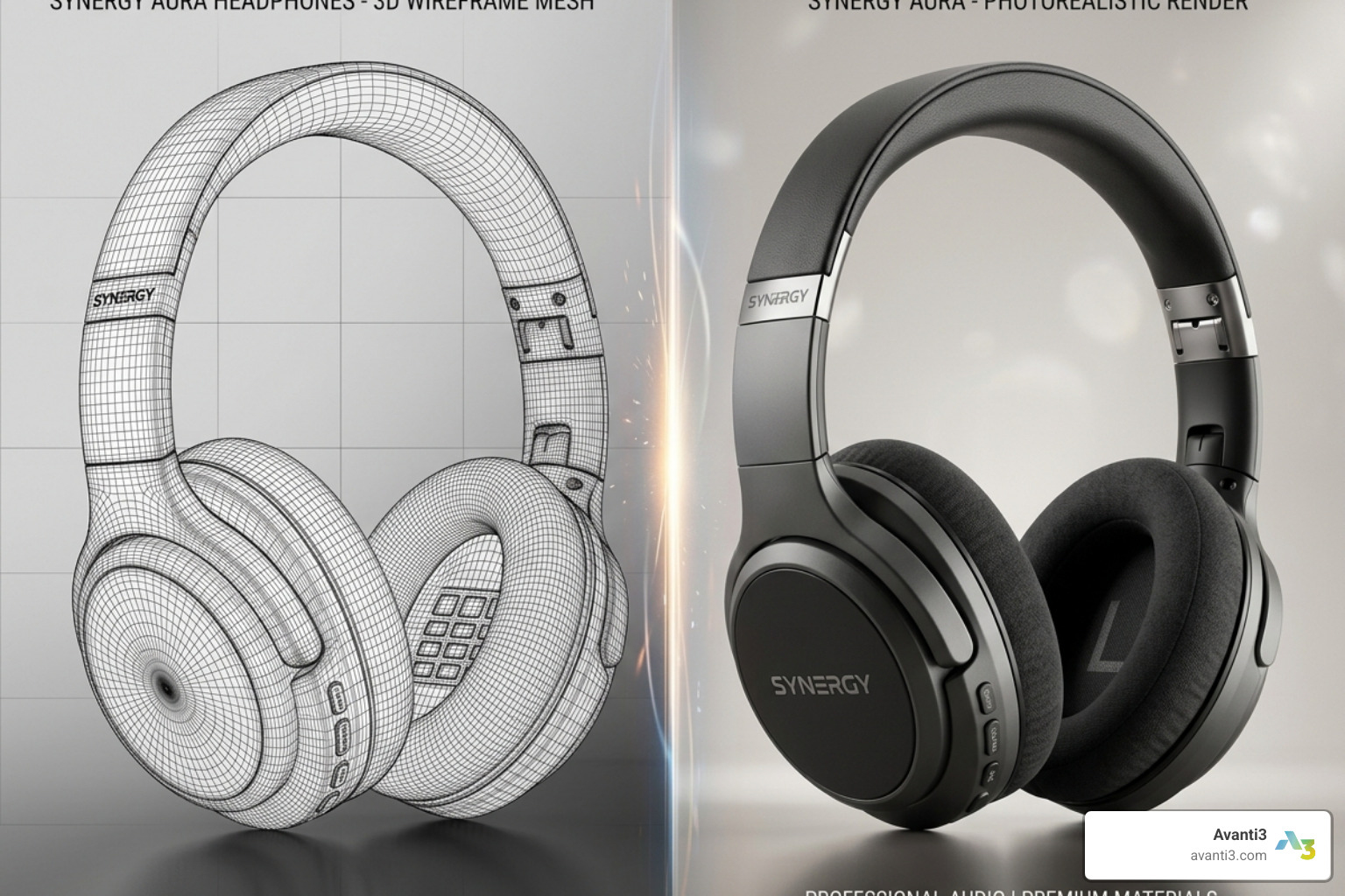 3D model wireframe transitioning to photorealistic product - augmented reality product visualization