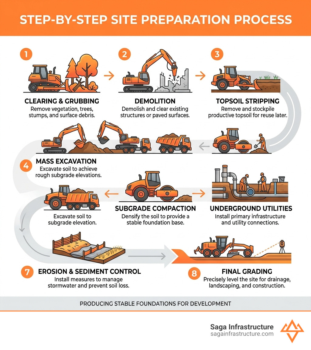 Step-by-step site preparation process from clearing to final grading infographic - earthwork contractors infographic 