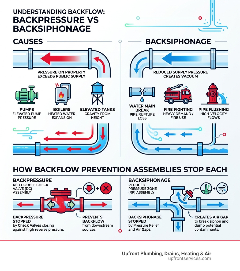 Infographic showing backpressure vs backsiphonage causes and how backflow prevention assemblies stop each - Backflow Infographic showing backpressure vs backsiphonage causes and how backflow prevention assemblies stop each - Backflow
