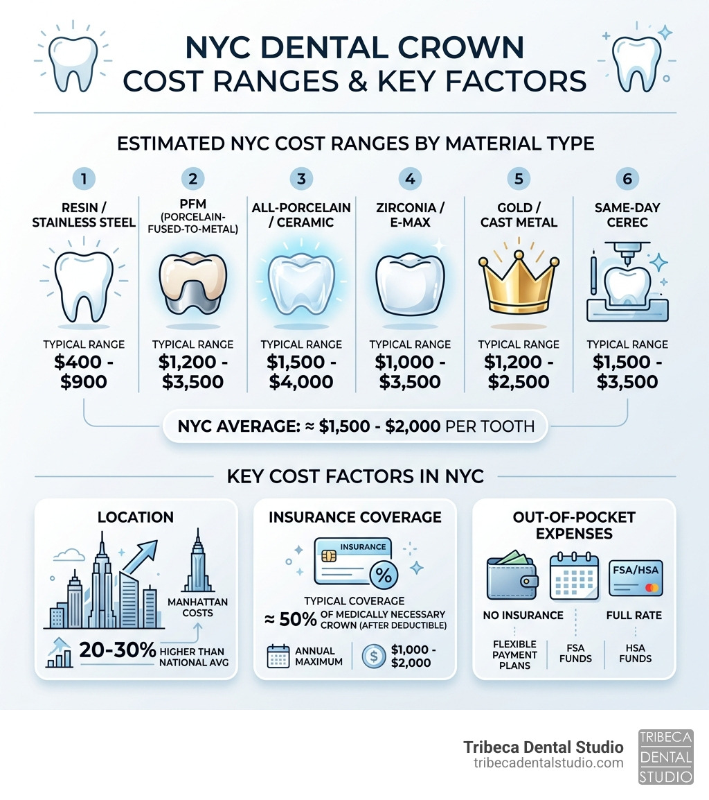Infographic showing NYC dental crown cost ranges by material type and key cost factors - dental crown cost NYC infographic 