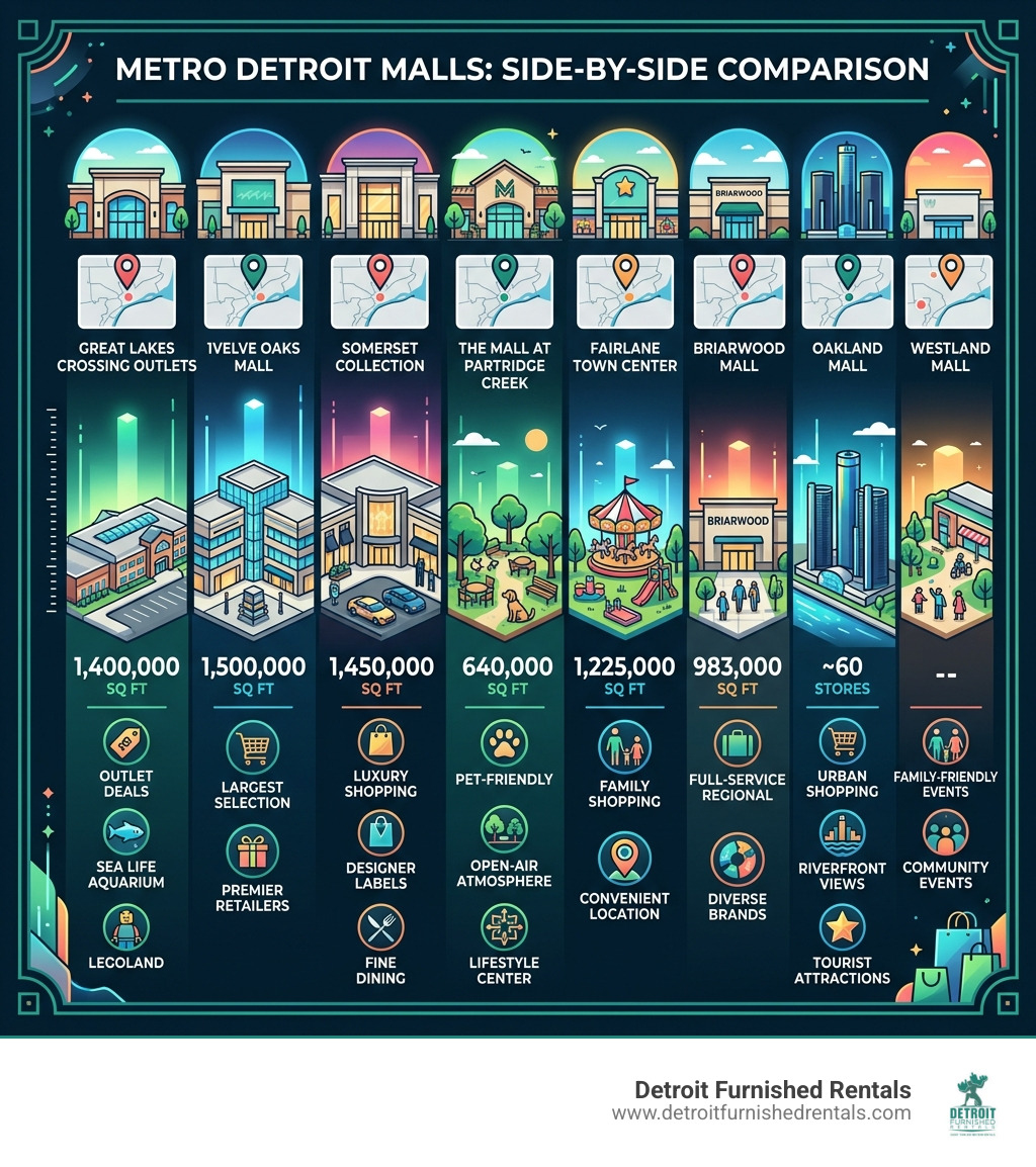 Metro Detroit mall locations, sizes, and key features compared side by side - malls in detroit michigan infographic 