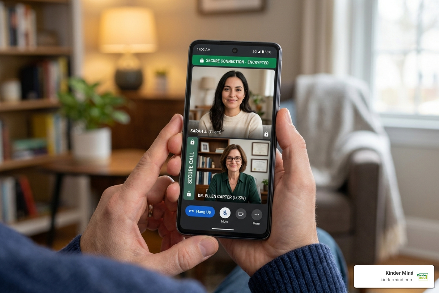 A smartphone displaying a secure video call interface for a therapy session - online therapy for young adults