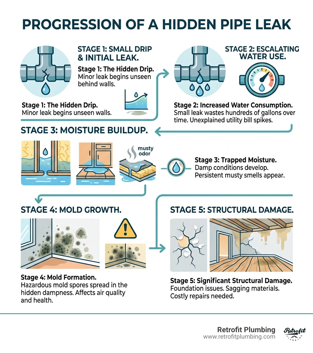 Infographic showing the progression of a hidden pipe leak from small drip to structural damage and mold growth - leak