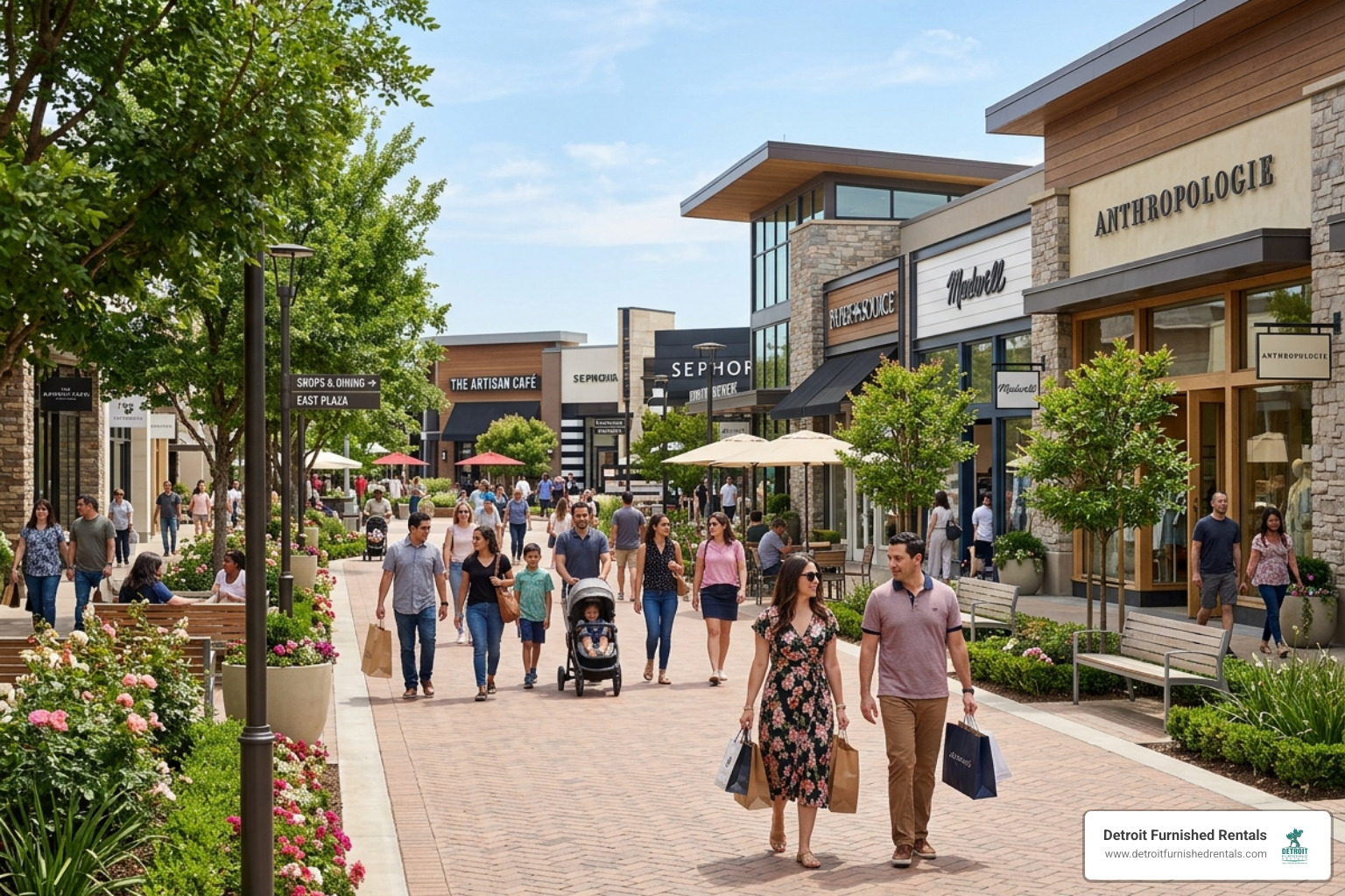 Shoppers walking through a modern open-air lifestyle center with greenery - malls in detroit michigan