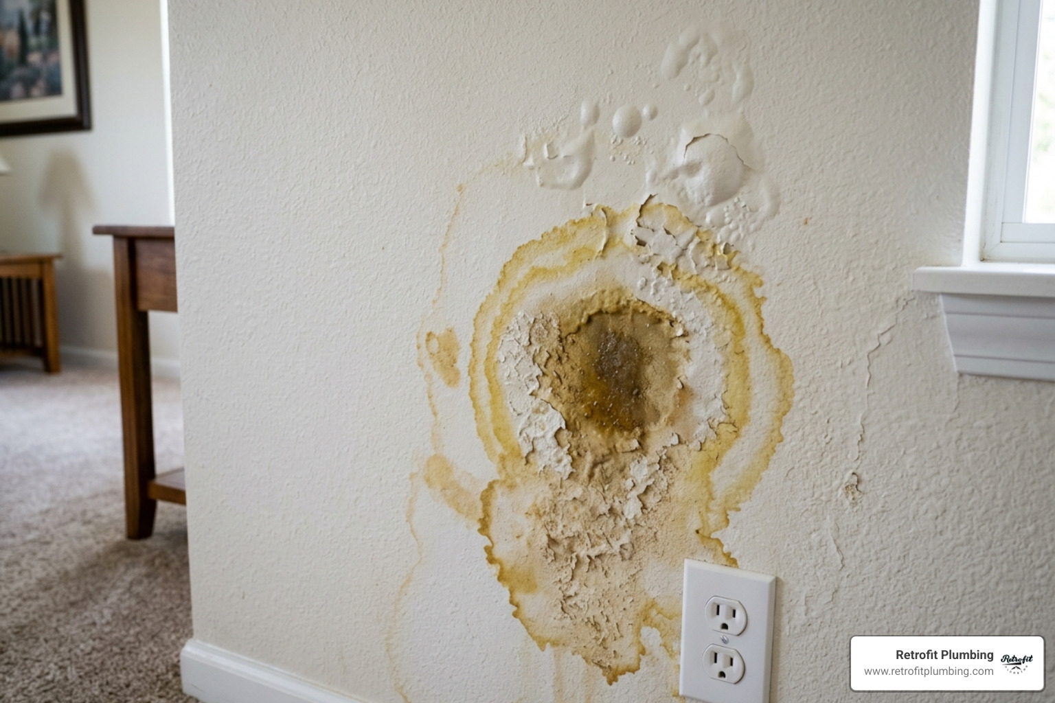 Water-stained drywall in a residential home indicating a hidden pipe leak - leak detection Kent WA