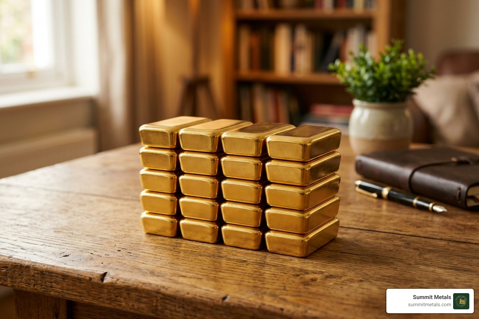 250 gram gold bars stacked on wooden desk with warm lighting - 250 gram gold bars